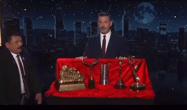 After Machado gave away her Nobel Prize to Trump, Jimmy Kimmel lists all his awards and offers to let Trump have one of his trophies if he promises to pull ICE out of Minneapolis.