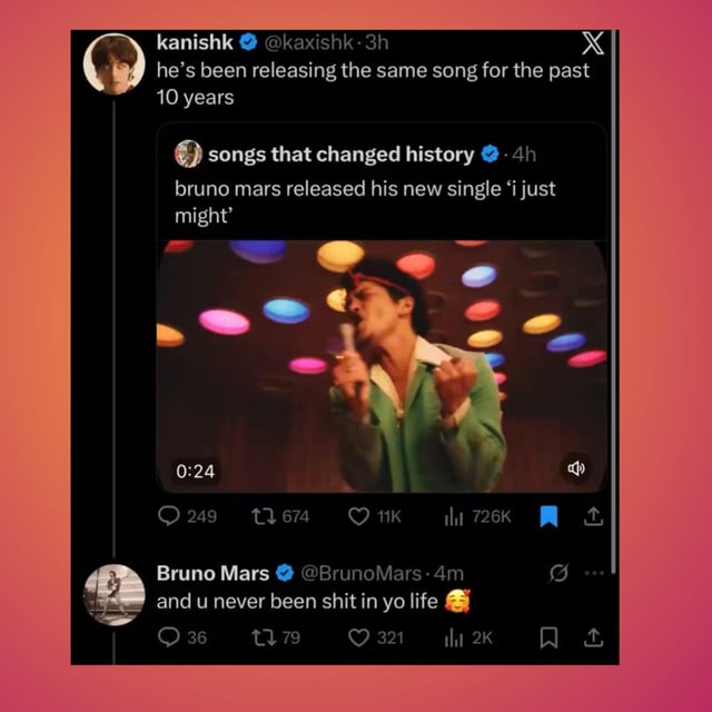 Bruno Mars tweets and deletes response to fan who stated that he's been releasing the same song for the past 10 years: "and u never been shit all yo life 🥰 "