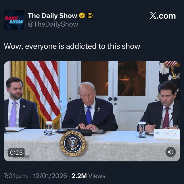 The Daily Show edits clip of the moment Trump stopped a meeting to look out the window to him looking at Heated Rivalry scene